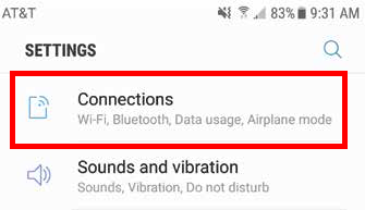 Screenshot of the Android settings with a red square around the Connections category