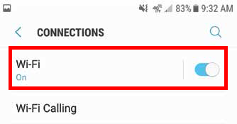 Screenshot of Android Connections settings with a red square around the Wifi switch, which is turned on