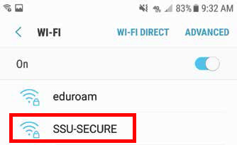 Screenshot the Android wifi settings showing available networks, with a red square around SSU Secure