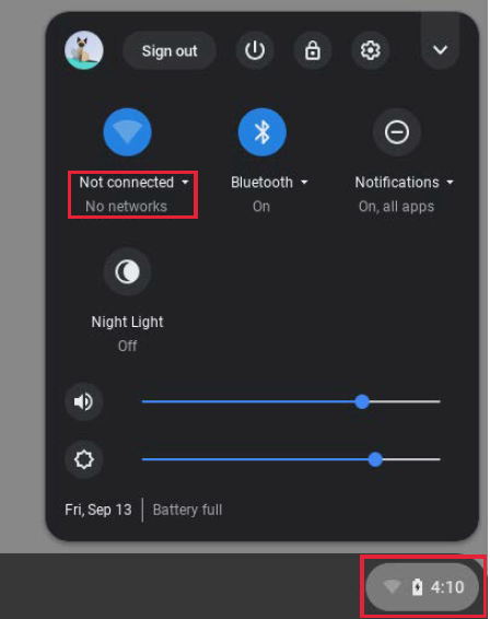 Screenshot of the ChromeOS settings menu showing wifi not connected.