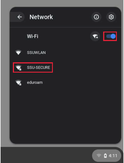 Screenshot of available wifi networks menu showing wifi is turned on, and SSU Secure is selected.