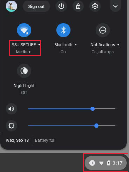 Screenshot of the ChromeOS settings menu, showing the wifi & system time button selected as well as SSU Secure selected.