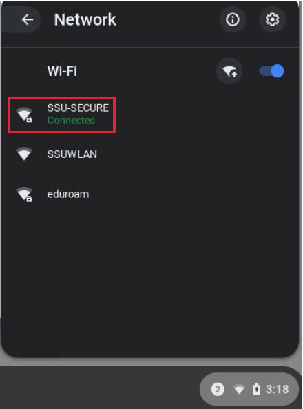 Screenshot of available wifi networks menu, with SSU Secure connected.