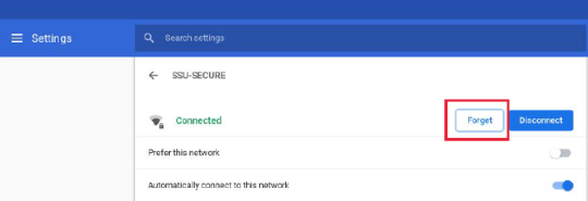 Screenshot of the SSU Secure settings menu with the "Forget" button selected.