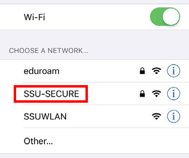 Screenshot of available wifi connections, with a red square around SSU Secure.