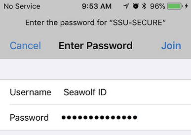 Screenshot of the wifi login form for SSU Secure