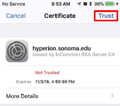 Screenshot of wifi Certificate alert with a red square around the word Trust.