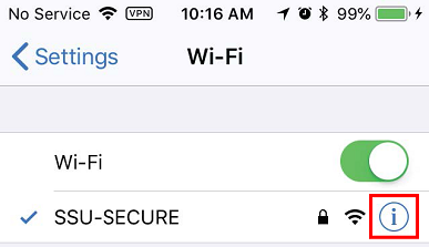 Screenshot showing the SSU Secure wifi with a red square around the i icon.