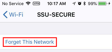 Screenshot showing wifi settings for SSU Secure with a red square around "Forget this Network"