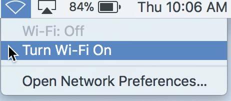 Screenshot of the upper right corner of the Mac desktop, showing the wifi dropdown menu with the cursor arrow hovering over "Turn Wifi on"