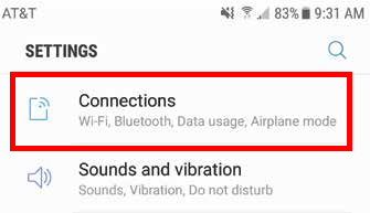 Screenshot of Android settings with a red square around the Connections category