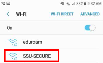 Screenshot the Android Wi-Fi settings showing available networks, with a red square around SSU-SECURE