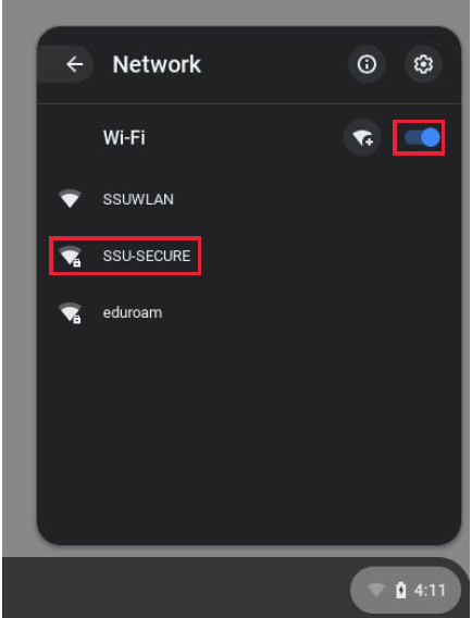 Screenshot of available Wi-Fi networks menu showing Wi-Fi is turned on, and SSU-SECURE is selected.