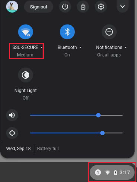 Screenshot of the ChromeOS settings menu, showing the Wi-Fi &amp; system time button selected as well as SSU-SECURE selected.