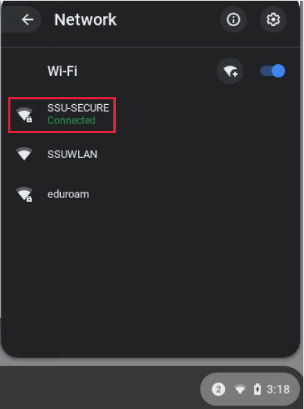 Screenshot of available Wi-Fi networks menu, with SSU-SECURE connected.