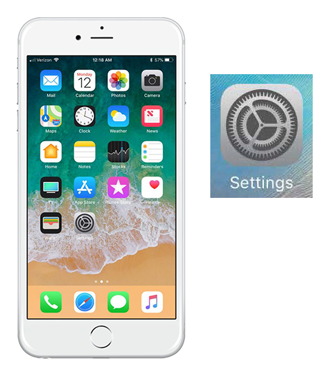 Photo of an iphone showing the home screen with default icons, next to an enlarged screenshot of the Settings app icon.