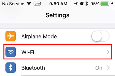 Screenshot of connection settings with a red square around Wi-Fi.