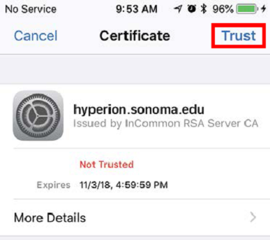 Screenshot of Wi-Fi Certificate alert with a red square around the word Trust.