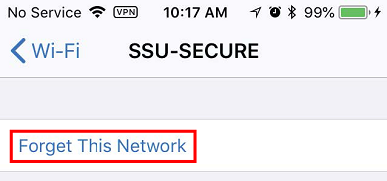 Screenshot showing Wi-Fi settings for SSU-SECURE with a red square around "Forget this Network"