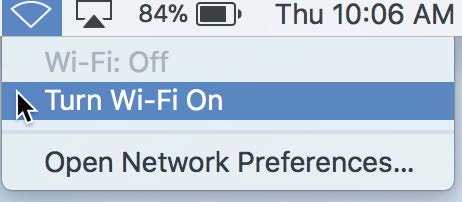 Screenshot of the upper right corner of the Mac desktop, showing the Wi-Fi dropdown menu with the cursor arrow hovering over "Turn Wi-Fi on"