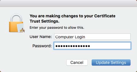 Screenshot showing server certificate trust settings.
