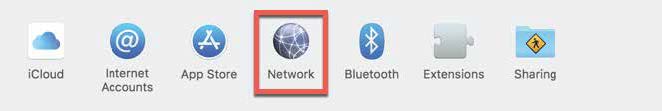 Screenshot showing System Preferences with a red square around Network.