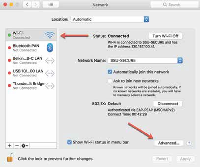 Screenshot of Network preferences, with a red arrow pointing to Wi-Fi and another pointing to the Advanced button.