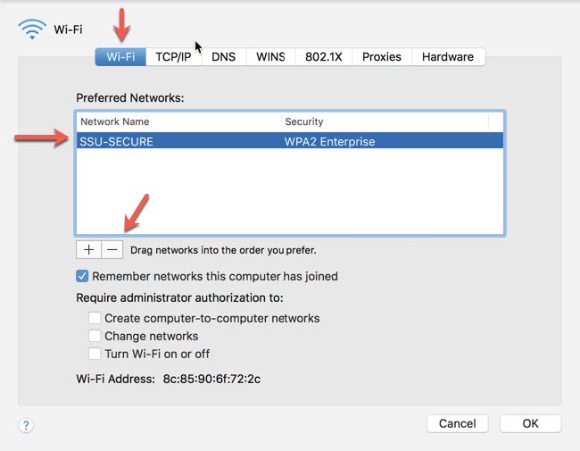 Screenshot of Wi-Fi settings showing red arrows pointing to the Wi-Fi tab, the SSU-SECURE network in Preferred Networks, and the minus button beneath it.
