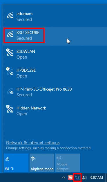 Screenshot of the Wi-Fi connection menu showing available networks, with SSU-SECURE selected.
