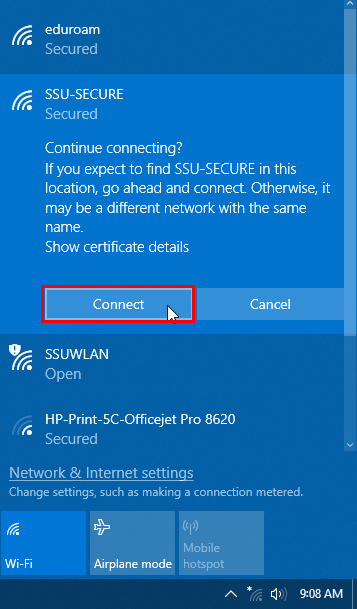 Screenshot of SSU-SECURE connection confirmation with the word Connect selected.