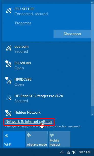 Screenshot of the Wi-Fi connection menu with the Network & Internet Settings option selected.