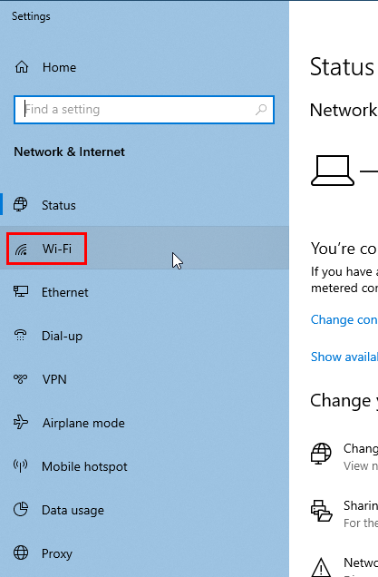 Screenshot of the Network & Internet Settings menu with Wi-Fi selected.