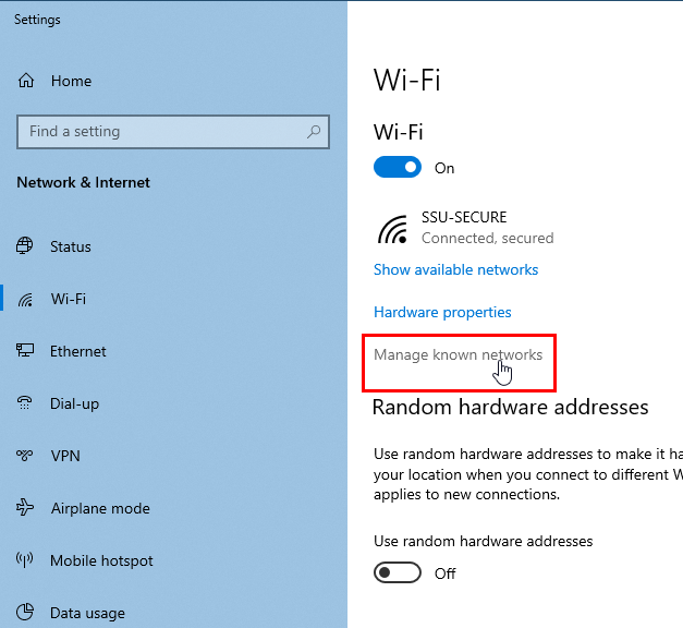 Screenshot of the Network & Internet Wi-Fi settings menu with Manage Known Networks option selected.