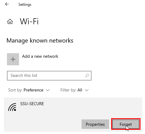 Screenshot of Wi-Fi settings for SSU-SECURE, with the Forget button selected.