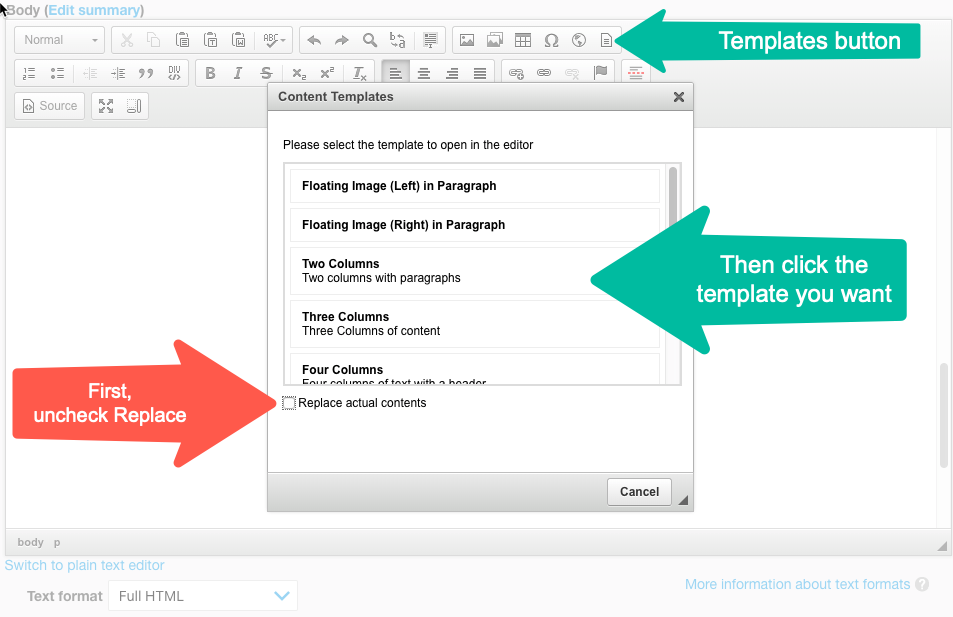 screenshot of HTML editor, with arrows pointing to Templates button, Template list, and Replace contents checkbox.
